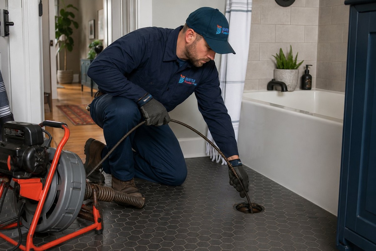 Plumber running a rooter cable to clear a clogged drain in a Seattle home