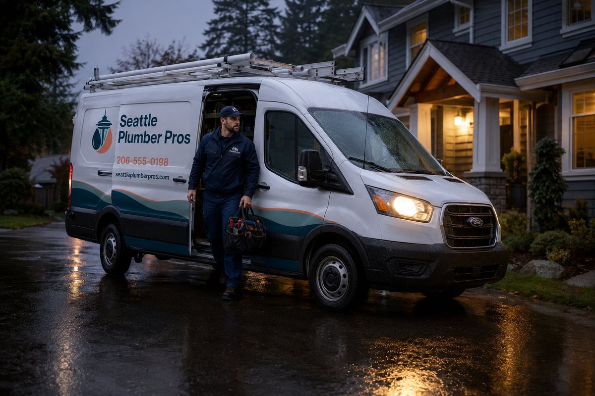 Seattle Plumber Pros emergency van outside a Seattle home at night