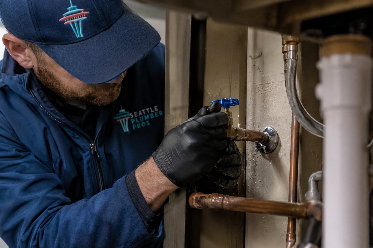 Plumber shutting off a water supply valve during an emergency call in Seattle