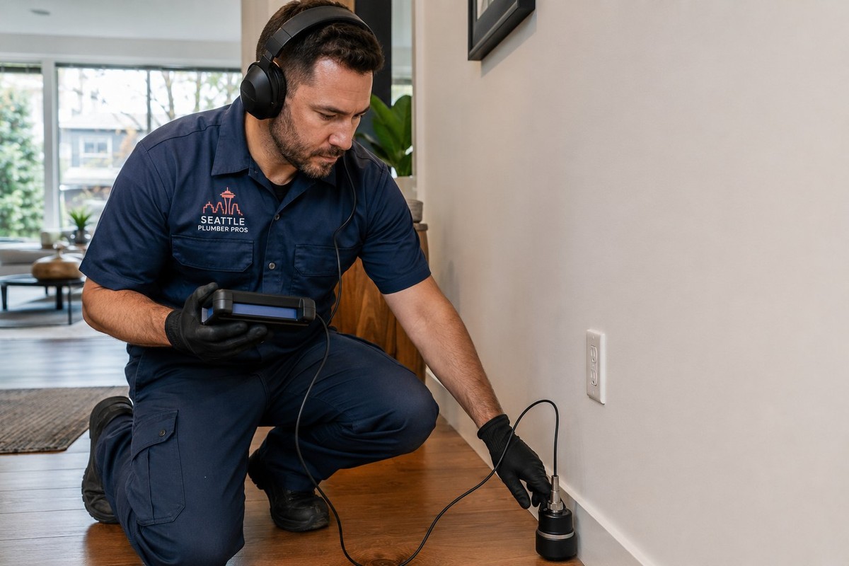 Plumber using acoustic equipment to locate a hidden leak in a Seattle home