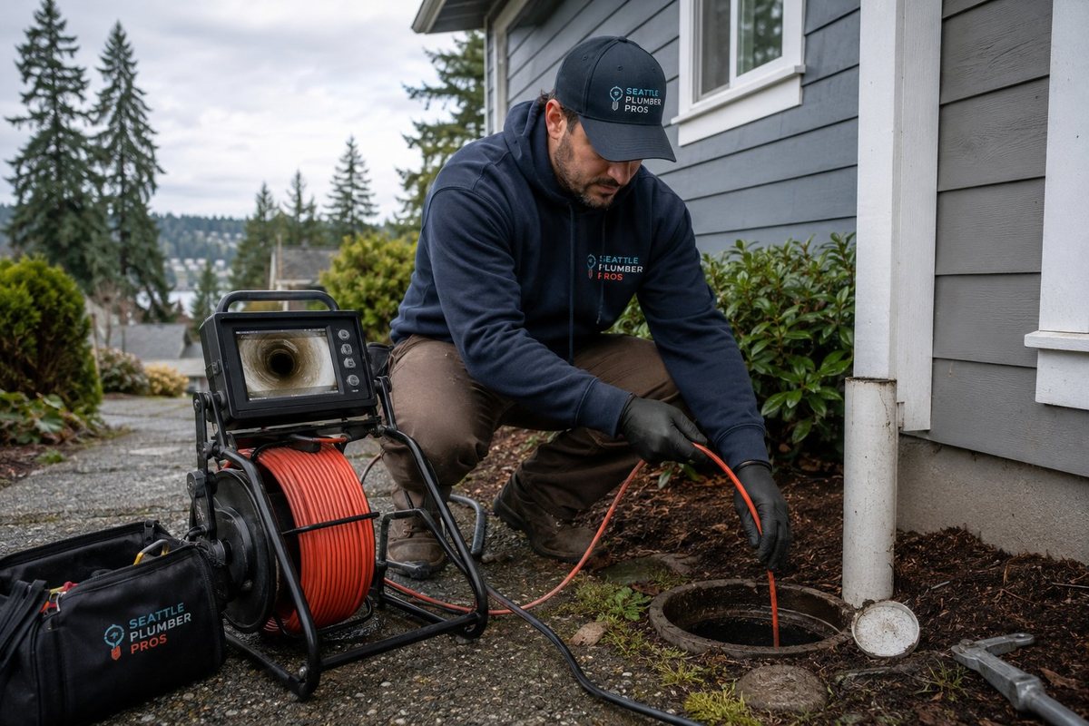 Plumber feeding a sewer camera into a side sewer clean-out at a Seattle property
