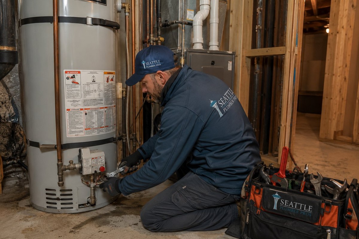 Plumber servicing a residential water heater in a Seattle basement